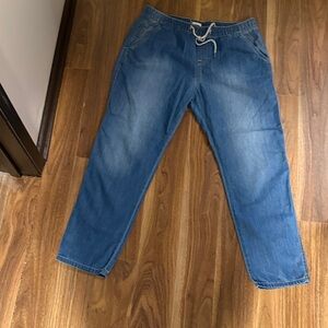 Roxy-Beach Blue Straight Leg Jeans with an elastic waist .